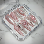 Pink fortune angel wing cat-eye gem teddy bear custom press-on nails blush pink silver full set — LuxepressCo