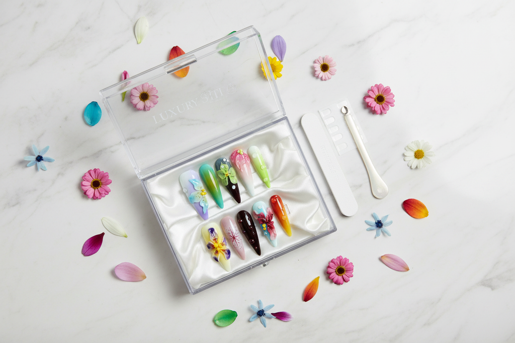 Luxury acrylic box unboxing vivid multicolor 3D botanical butterfly stiletto custom press-on nails with accessories — LuxepressCo