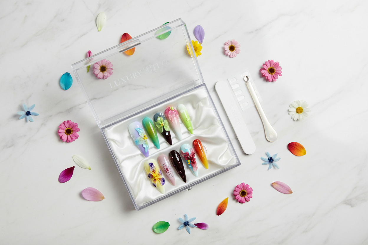 Luxury acrylic box unboxing vivid multicolor 3D botanical butterfly stiletto custom press-on nails with accessories — LuxepressCo