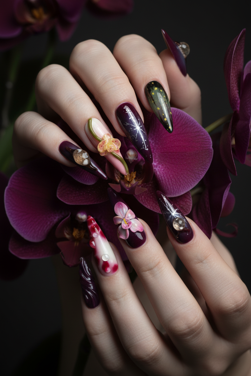 Light-skin hands holding dark orchid wearing amethyst purple 3D floral crystal custom press-on nails — LuxepressCo