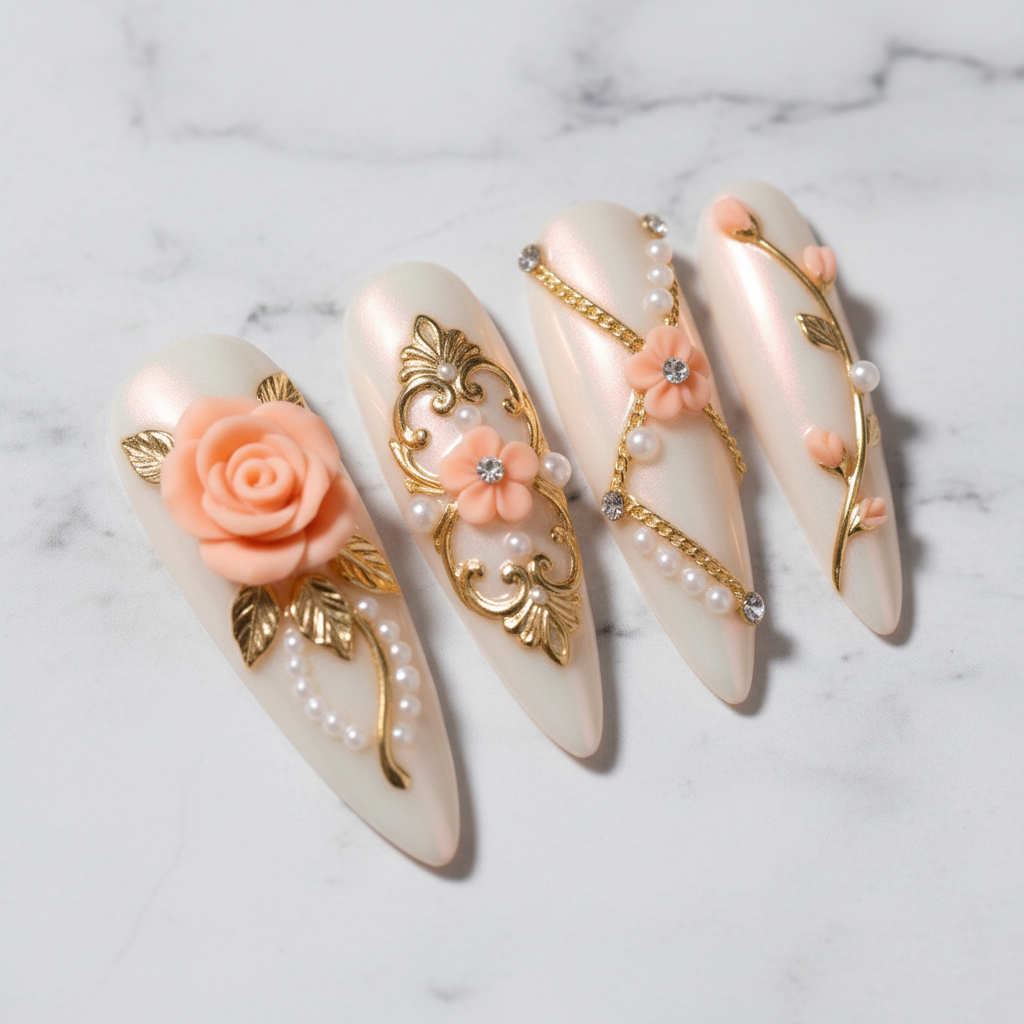 Close-up gold baroque filigree ornament crystal rhinestone and pearl accent stiletto press-on nails peach floral custom press-on nails — LuxepressCo