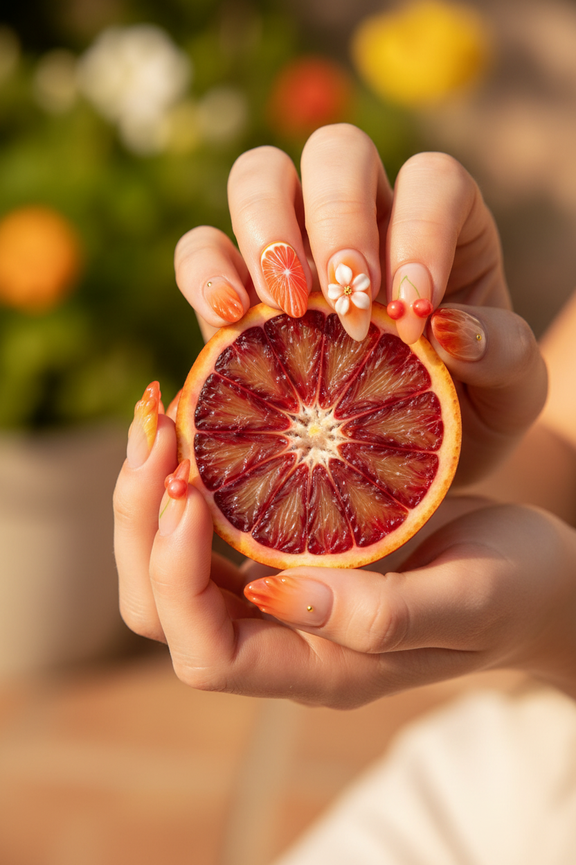 Fair skin hands wearing Valencia bloom 3D orange floral custom press-on nails holding fresh blood orange half — LuxepressCo