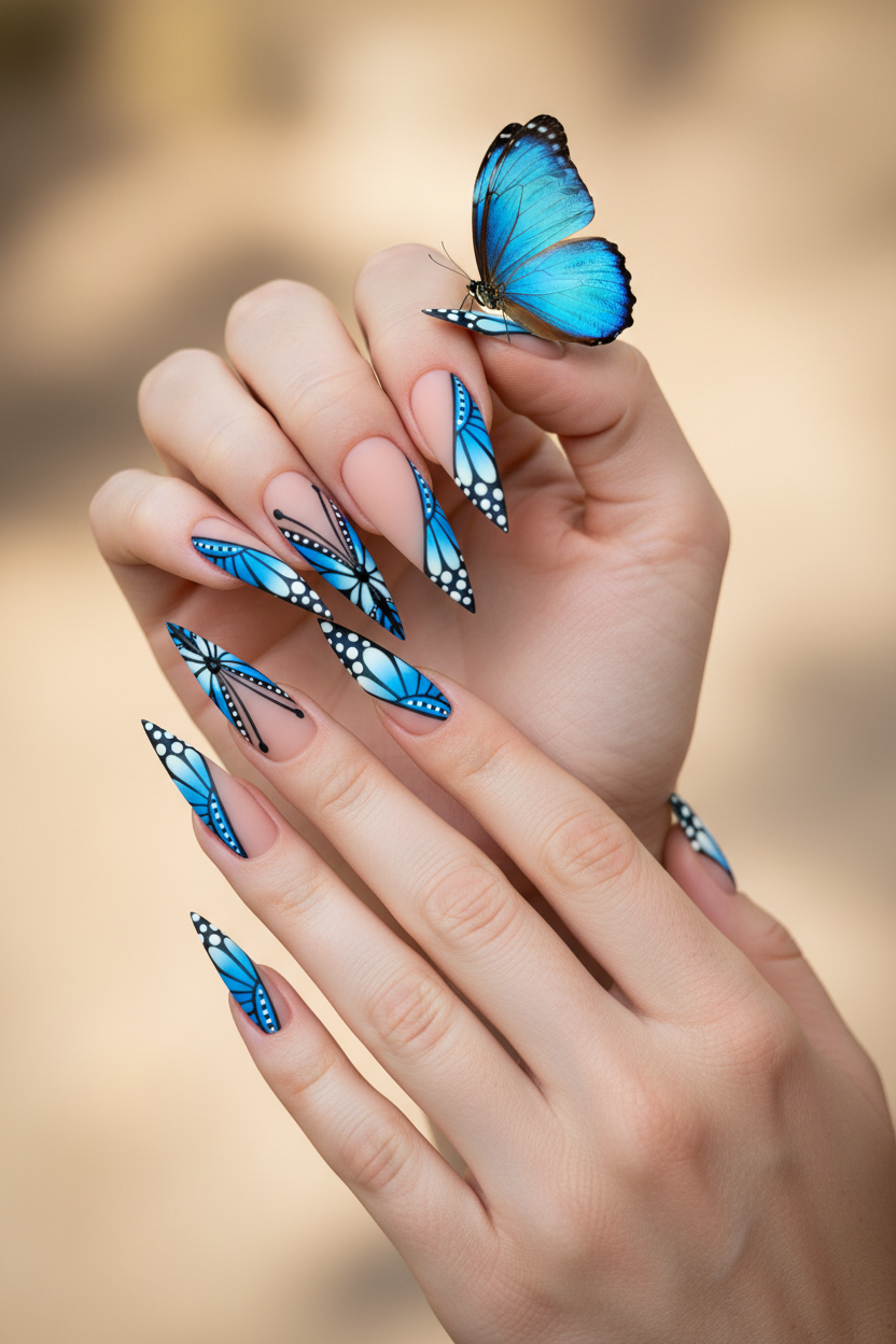 Fair-skin lifestyle blue morpho butterfly wing symmetrical custom press-on nails stiletto holding butterfly — LuxepressCo