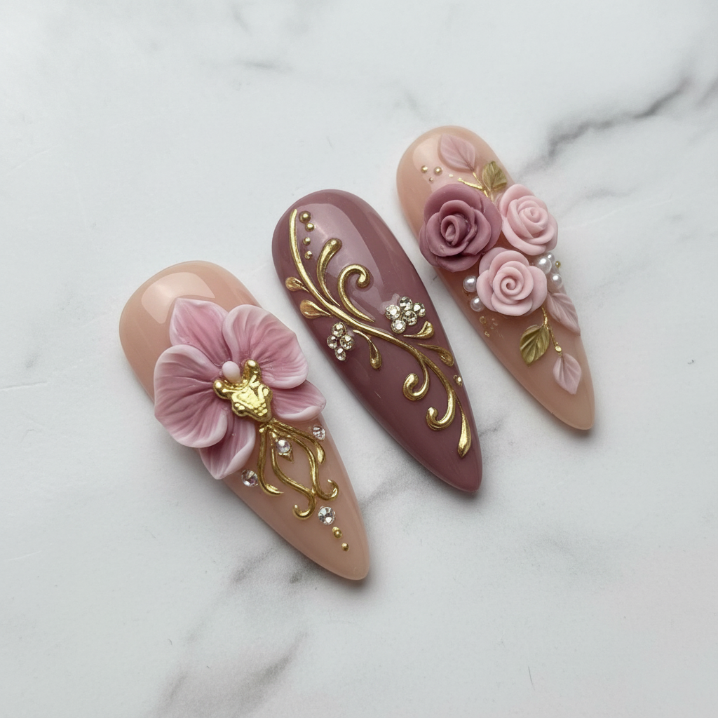 Close-up macro 3D rose orchid custom press-on nails glossy texture marble background — LuxepressCo