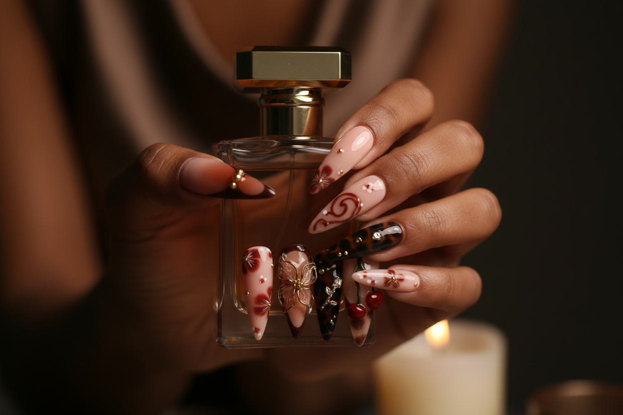 Dark-skin hands wearing dark cherry tortoiseshell stiletto gold flower custom press-on nails holding perfume — LuxepressCo