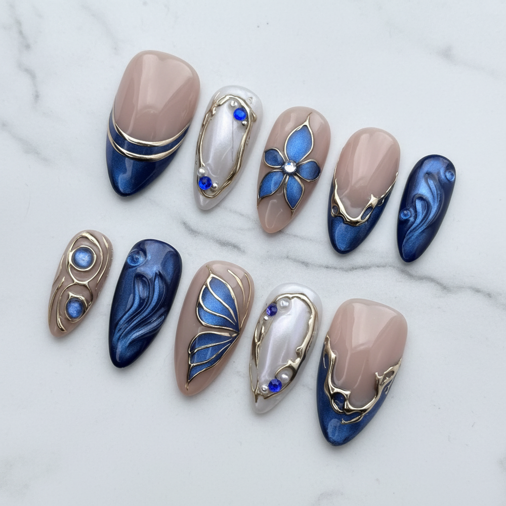 Full set 10 royal blue and nude custom press-on nails with gold chrome wire art on marble background — LuxepressCo