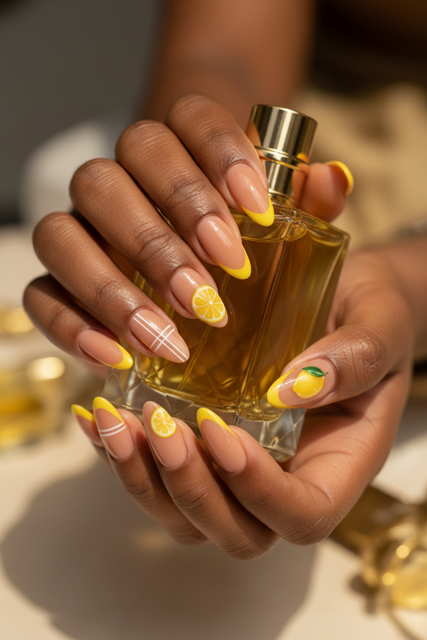 Dark-skin hands holding yellow perfume wearing nude beige yellow French tip lemon citrus reusable press-on nails — LuxepressCo