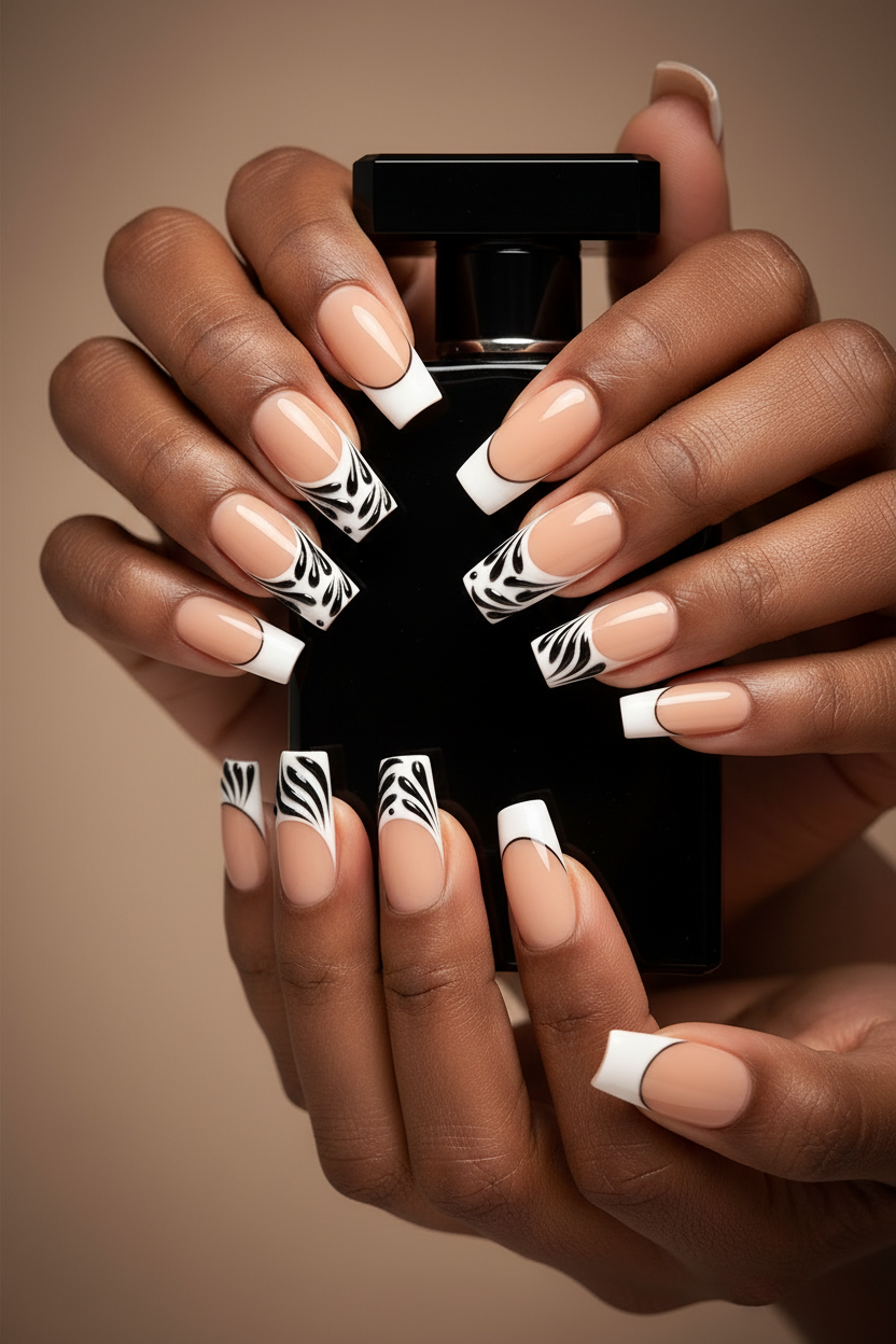 Dark-skin lifestyle nude peach black swirl feather custom press-on nails holding black perfume — LuxepressCo