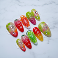 Full set 10 fiesta fruit jelly strawberry orange lime crystal rhinestone custom press-on nails on marble — LuxepressCo