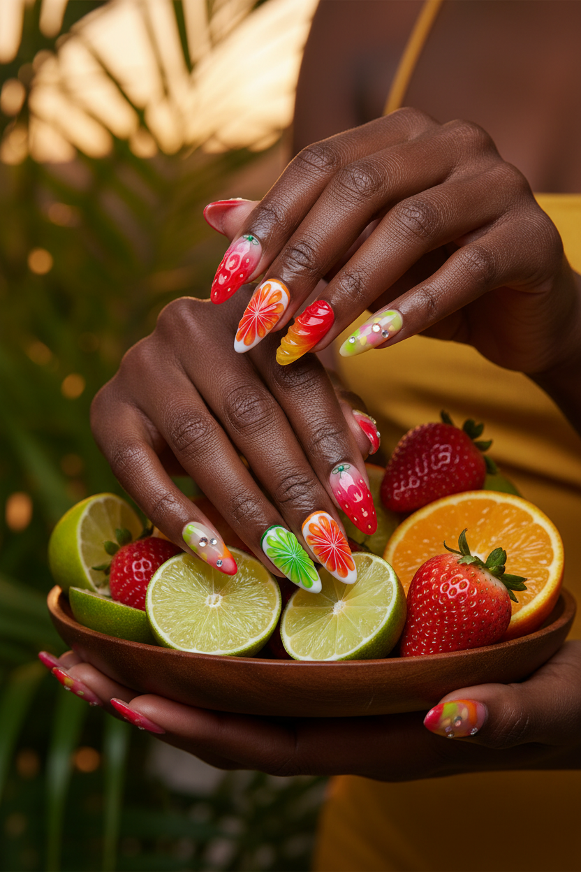 Dark skin hands wearing fiesta fruit jelly custom press-on nails holding tropical fruit platter with lime orange strawberries — LuxepressCo