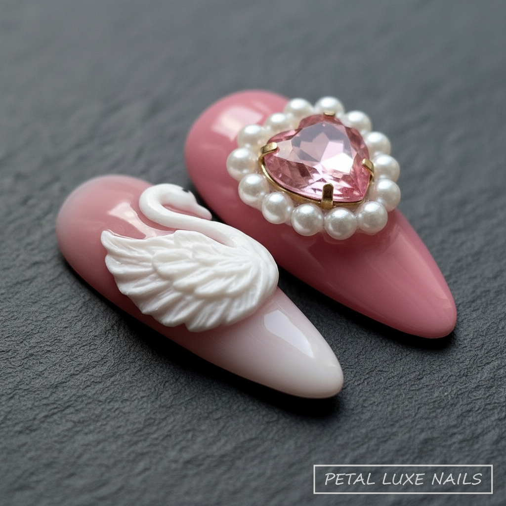 3D white swan and pink heart gemstone pearl custom press-on nails macro dramatic — LuxepressCo