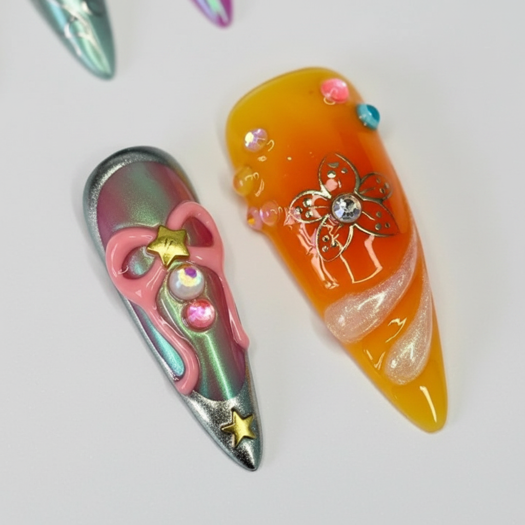 Macro close-up teal chrome pink 3D bow and orange jelly sculpted fabric salon-quality press-on nails — LuxepressCo