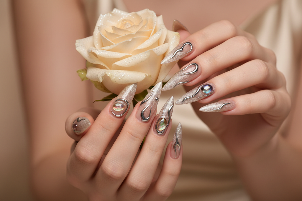 Fair-skin hands wearing nude silver chrome wire custom press-on nails holding champagne silver-dusted rose — LuxepressCo