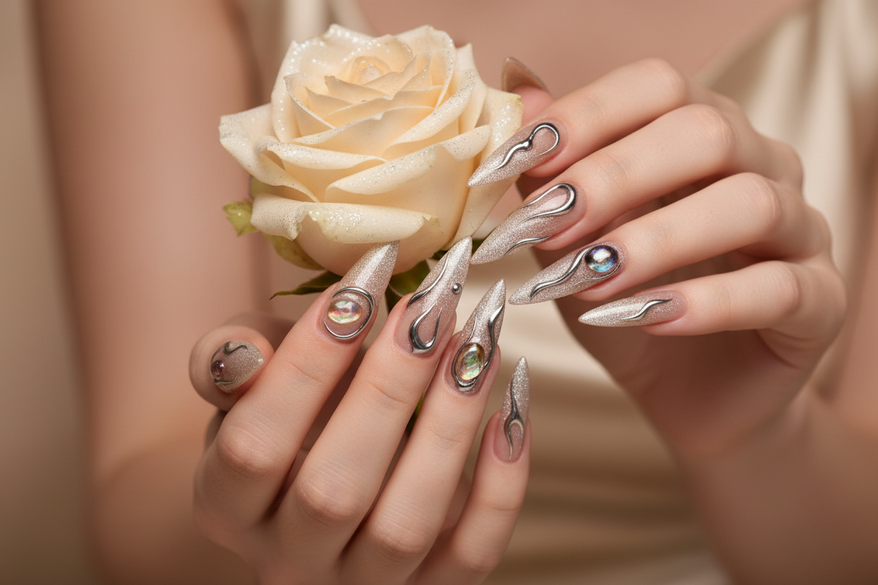 Fair-skin hands wearing nude silver chrome wire custom press-on nails holding champagne silver-dusted rose — LuxepressCo