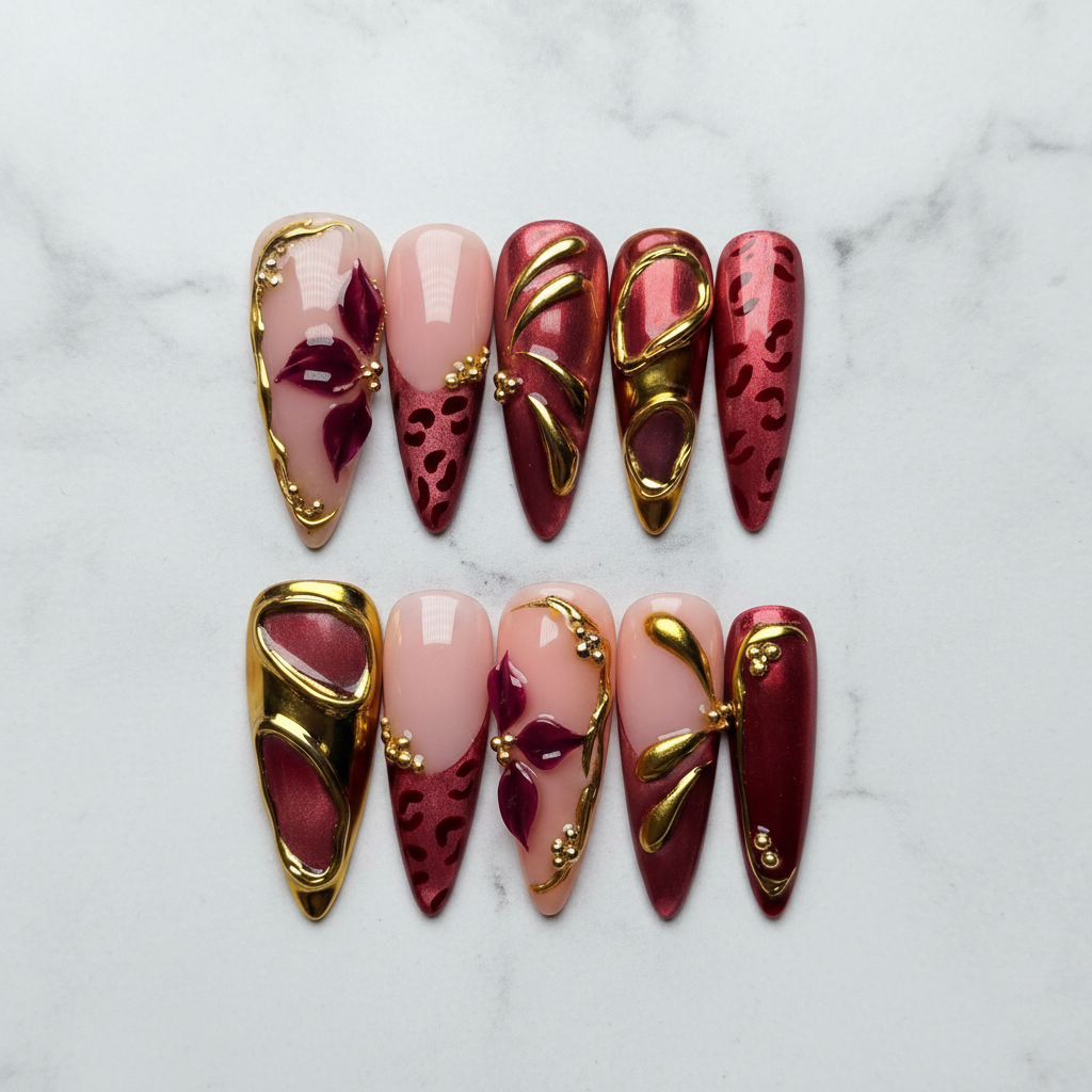 Flat lay top-down full set 10 burgundy chrome gold leopard custom press-on nails studio light — LuxepressCo