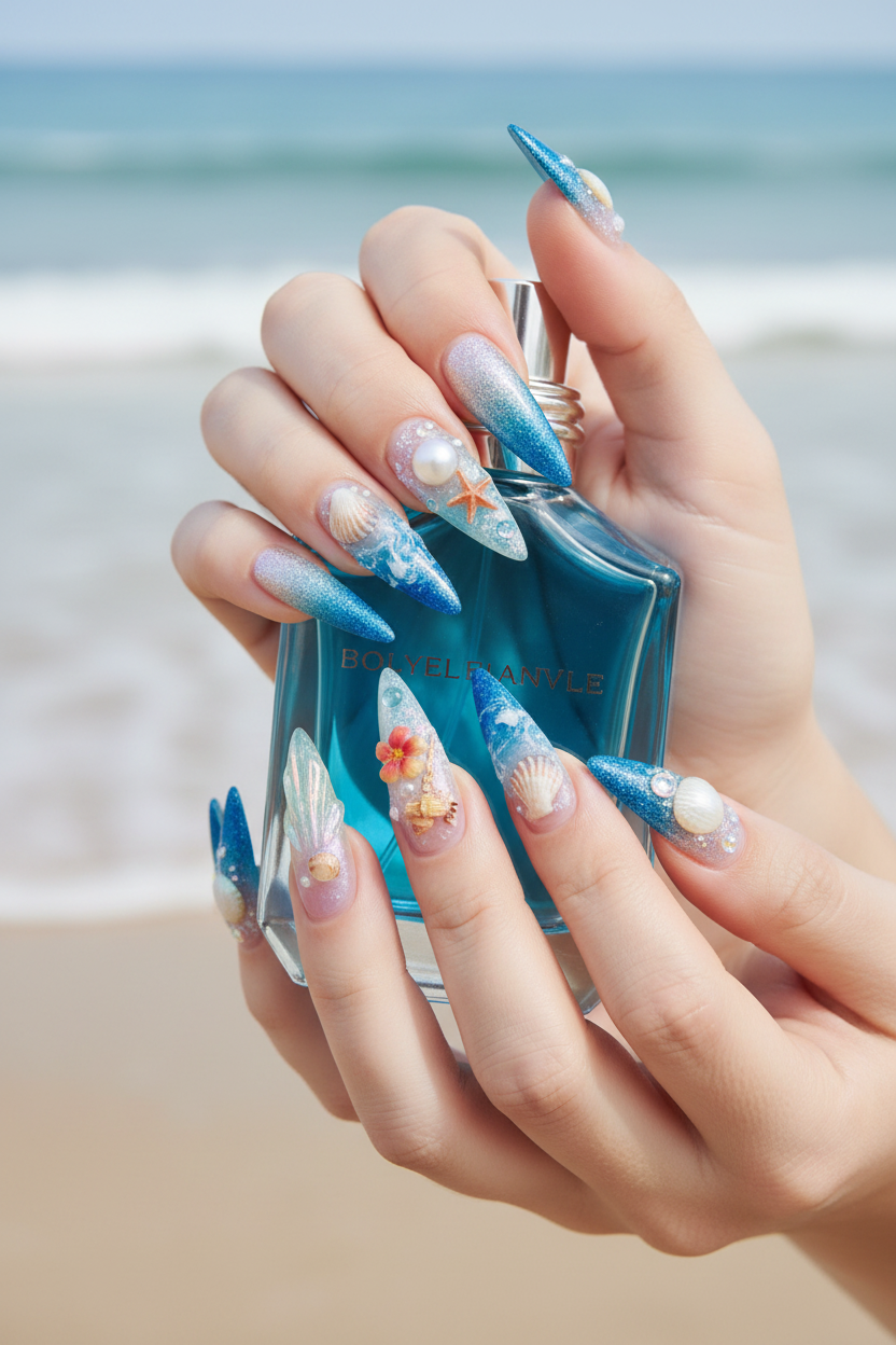 Light-skin hands holding blue sea glass perfume wearing deep ocean blue glitter jelly starfish custom press-on nails — LuxepressCo
