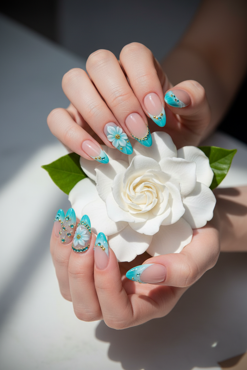 Fair skin hands wearing teal 3D floral rhinestone custom press-on nails holding white gardenia — LuxepressCo