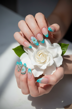 Fair skin hands wearing teal 3D floral rhinestone custom press-on nails holding white gardenia — LuxepressCo