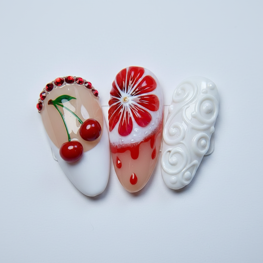 Macro close-up 3D cherry ruby rhinestone arc blood orange citrus slice white swirl gel nail art — LuxepressCo