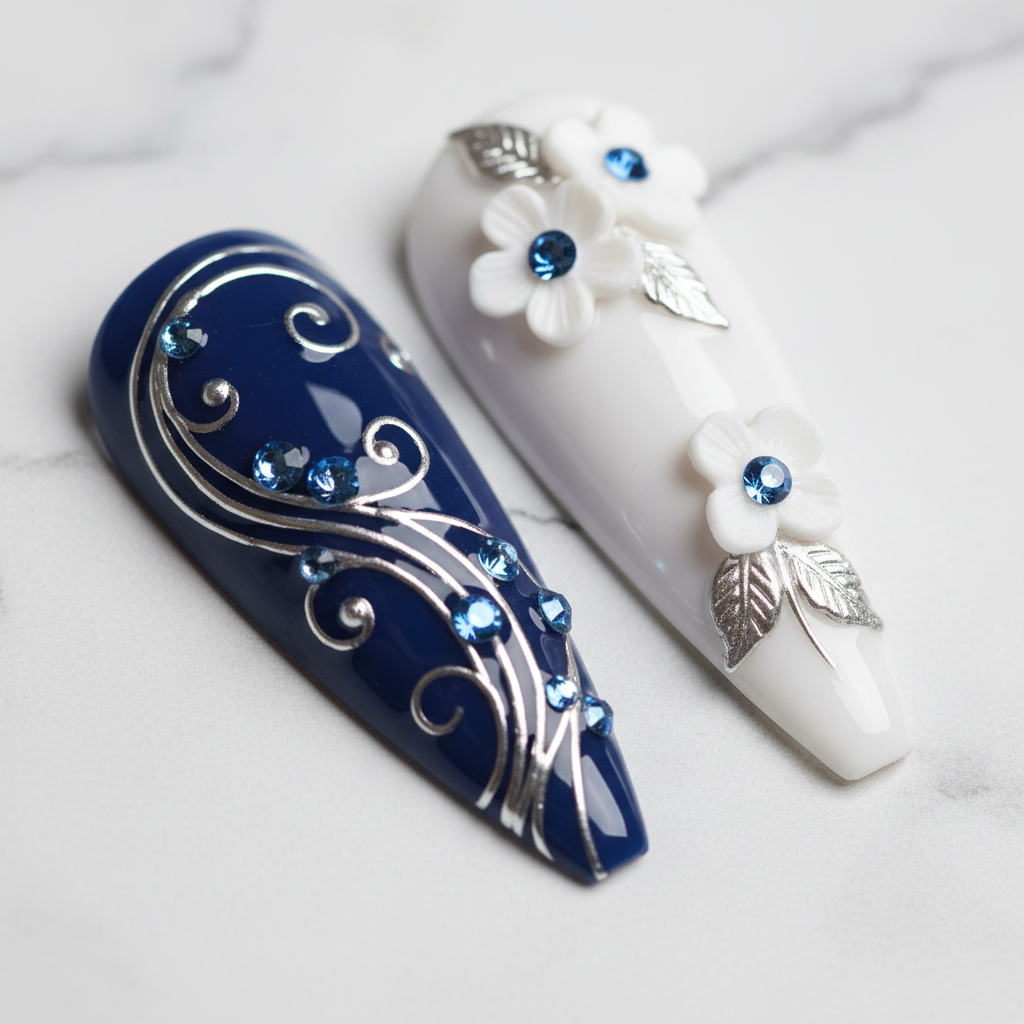 Silver swirl vine blue gems 3D white flowers sapphire rhinestone macro custom press-on nails — LuxepressCo