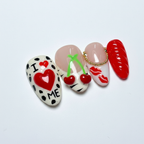 Macro close-up dalmatian spot I love me text 3D cherry red lips gold chain Y2K nail art — LuxepressCo