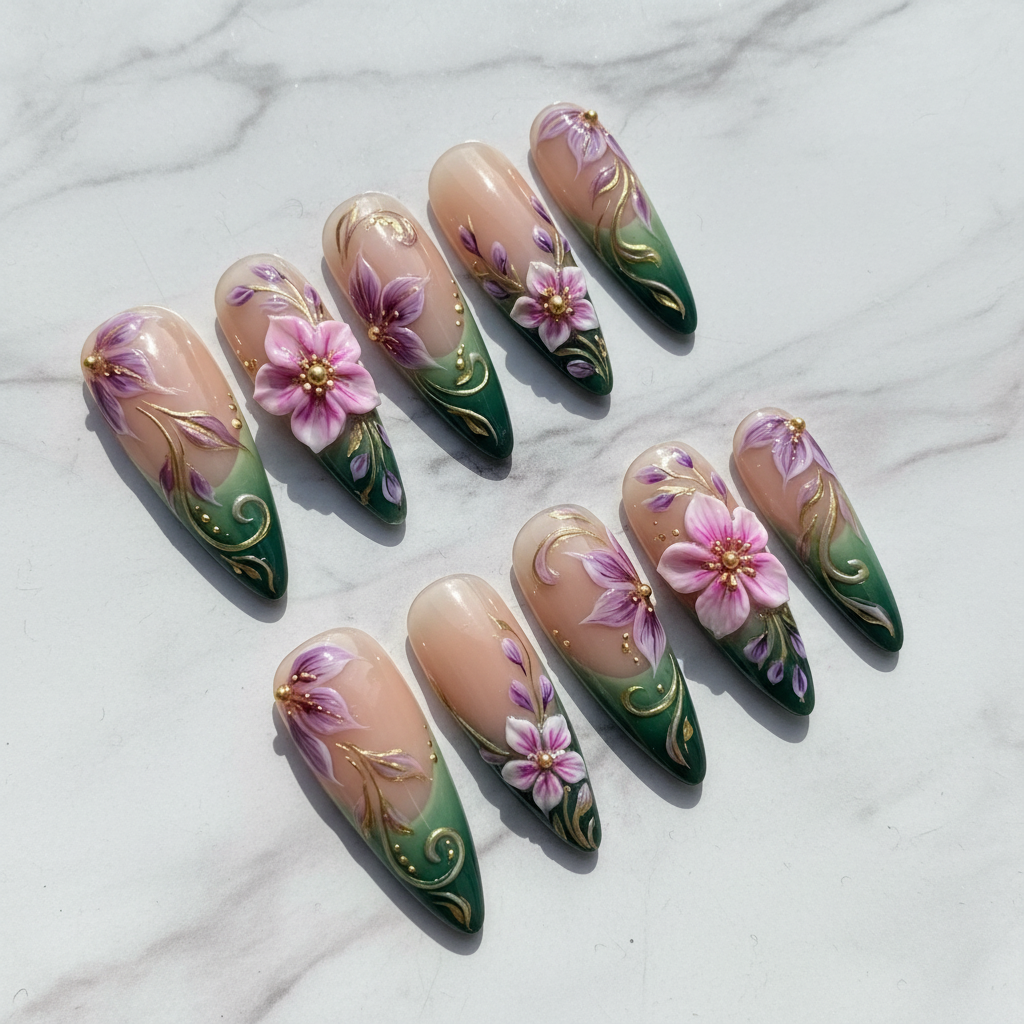 Full set 10 3D floral garden custom press-on nails green purple gradient gold accents — LuxepressCo