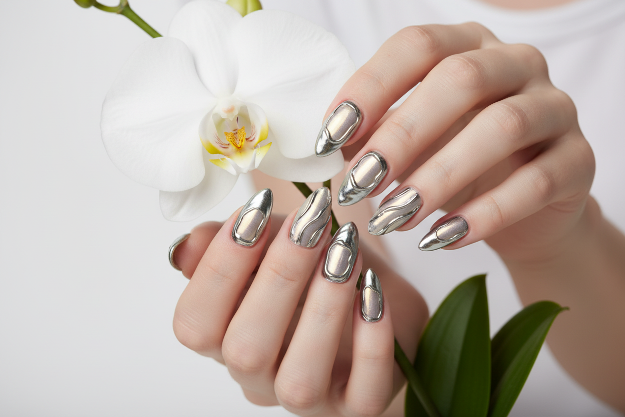 Fair-skin hands wearing mirror silver chrome custom press-on nails holding white orchid flower — LuxepressCo