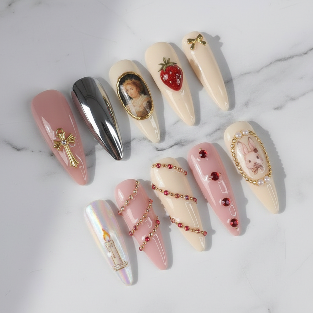 Vintage Romance custom press-on nails flat lay 10 piece full set overhead marble — LuxepressCo