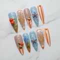 Full set 10 sky blue orange neon stripe embossed chrysanthemum cherry bee charm stiletto custom press-on nails on marble — LuxepressCo