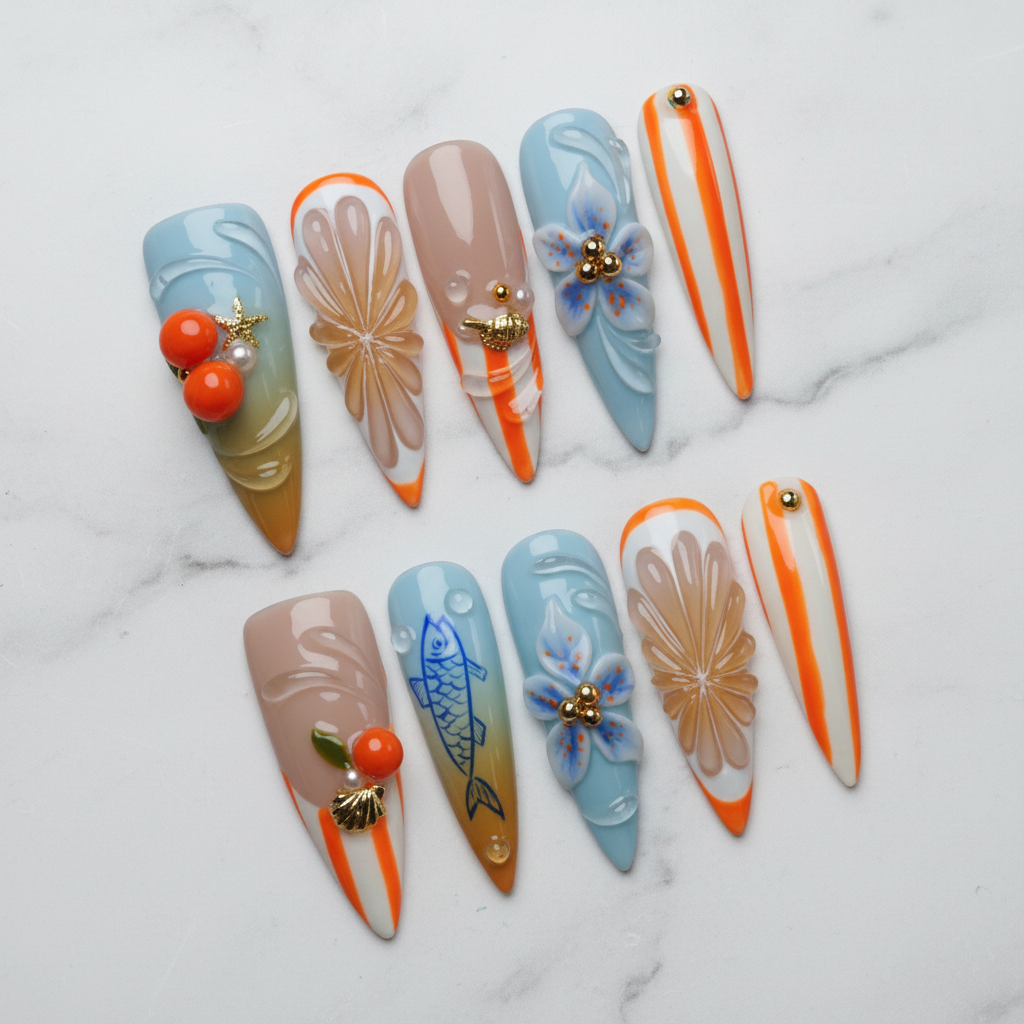 Full set 10 sky blue orange neon stripe embossed chrysanthemum cherry bee charm stiletto custom press-on nails on marble — LuxepressCo