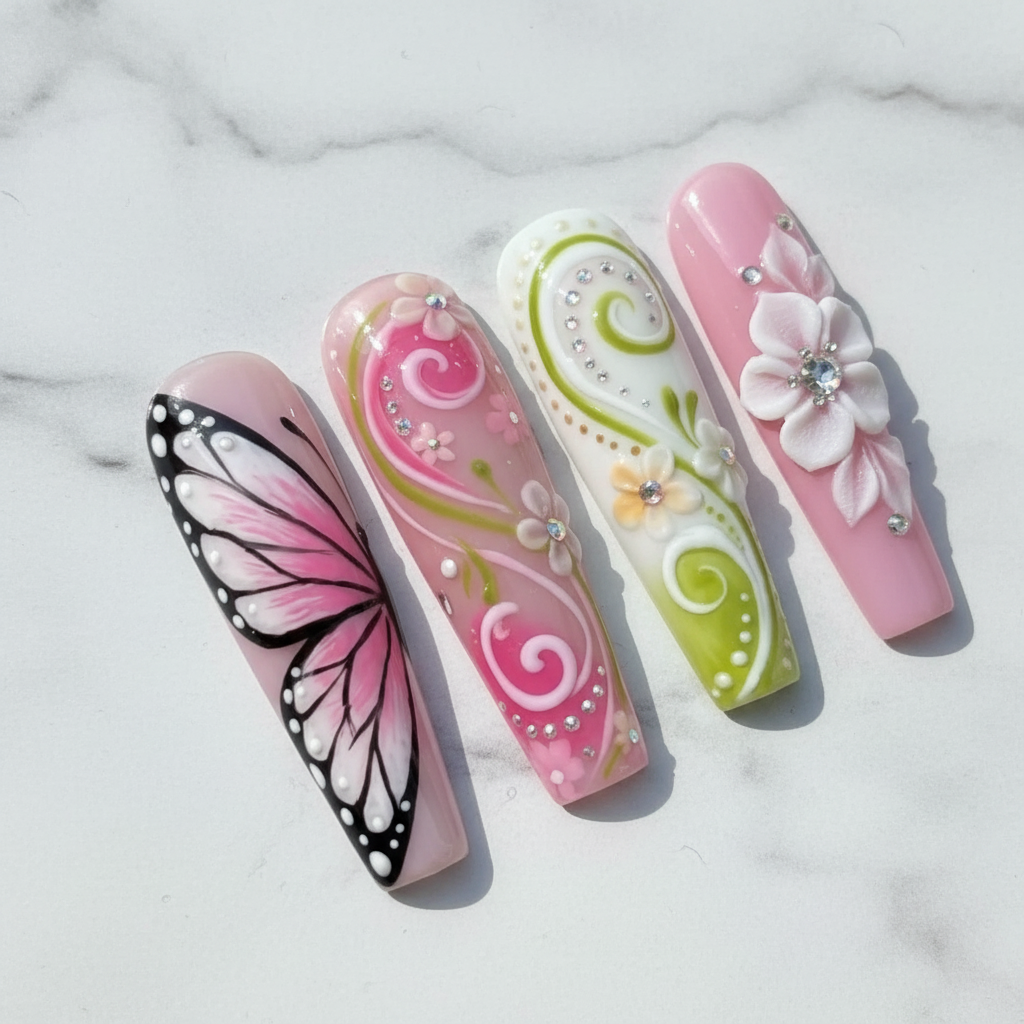 Macro 3D white flower diamond rhinestone center pink green swirl reusable nails marble background — LuxepressCo