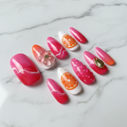 Full set 10 hot pink orange swirl 3D floral gold charm custom press-on nails on marble — LuxepressCo