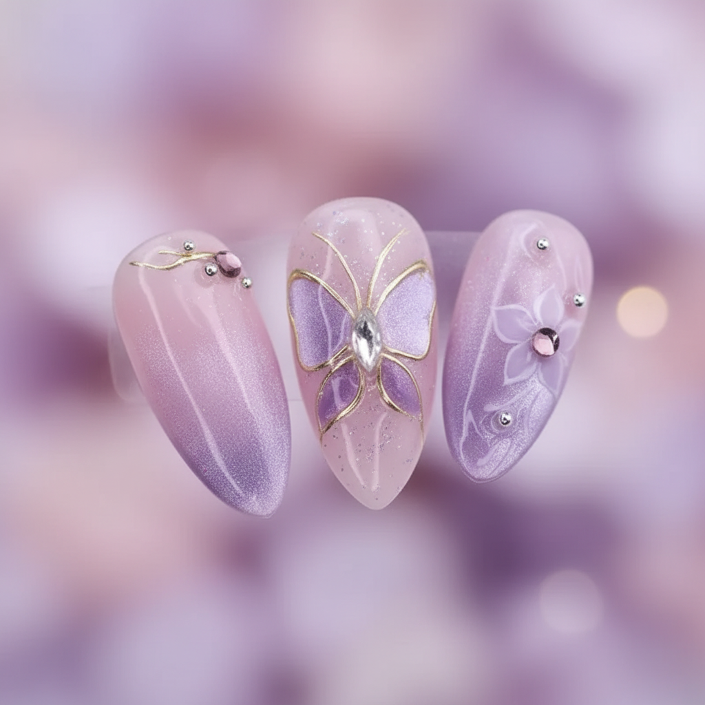 Macro close-up 3D gold wire butterfly marquise crystal purple floral silhouette aurora shimmer salon-quality press-on nails — LuxepressCo