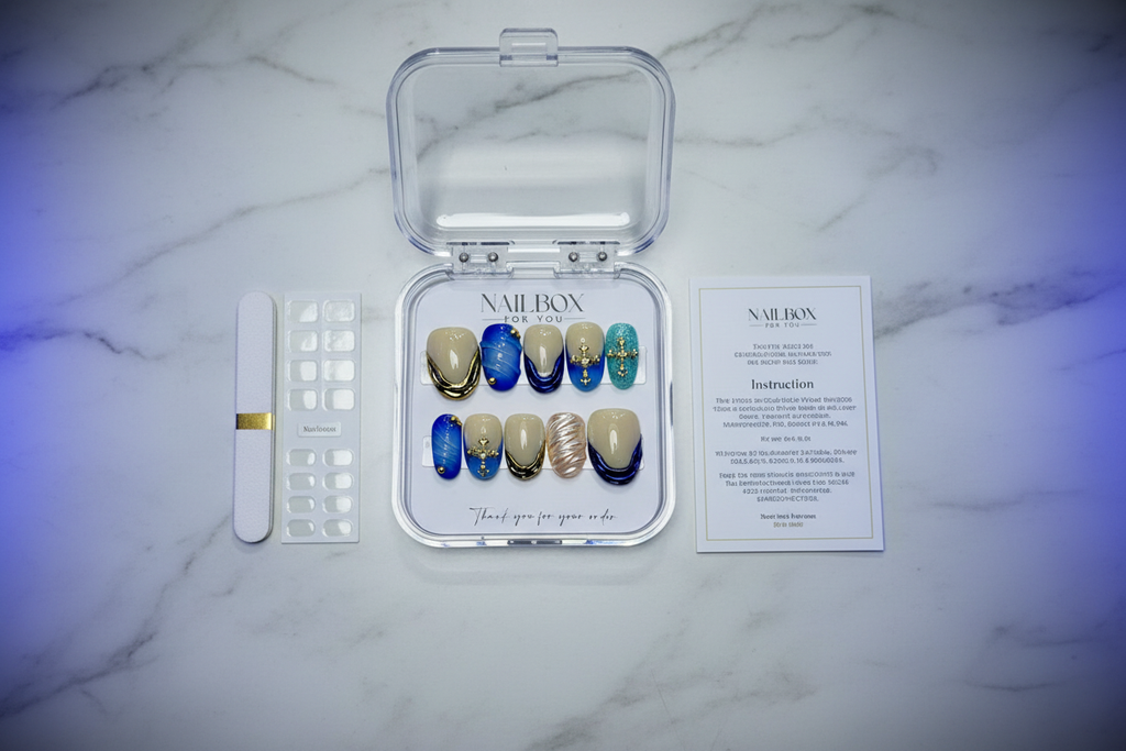LuxepressCo ocean blue gold chrome custom press-on nails unboxing acrylic box with accessories