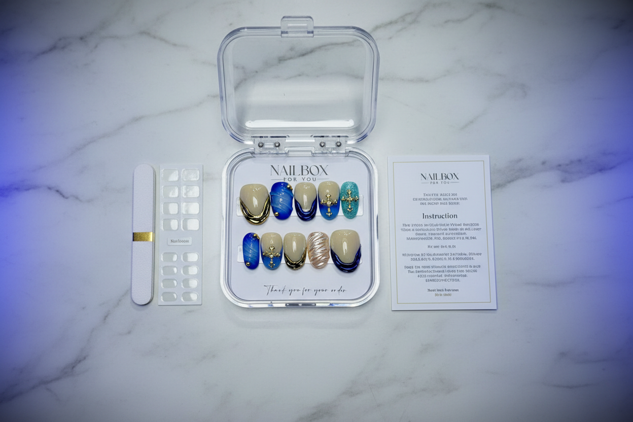 LuxepressCo ocean blue gold chrome custom press-on nails unboxing acrylic box with accessories