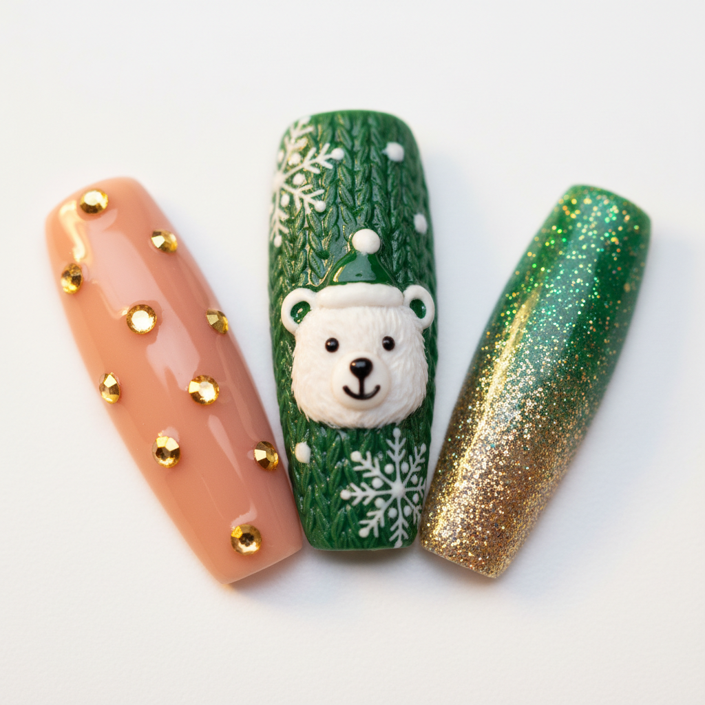 Macro close-up green knit snowflake polar bear Christmas hat gold rhinestone glitter ombre custom press-on nails — LuxepressCo