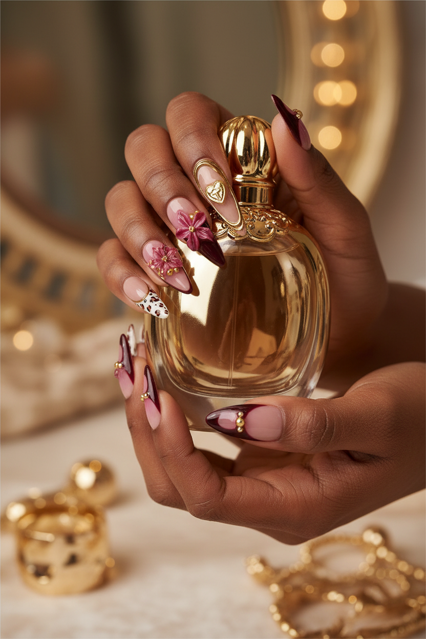 Dark-skin hands holding gold perfume wearing mauve leopard burgundy 3D floral reusable press-on nails — LuxepressCo