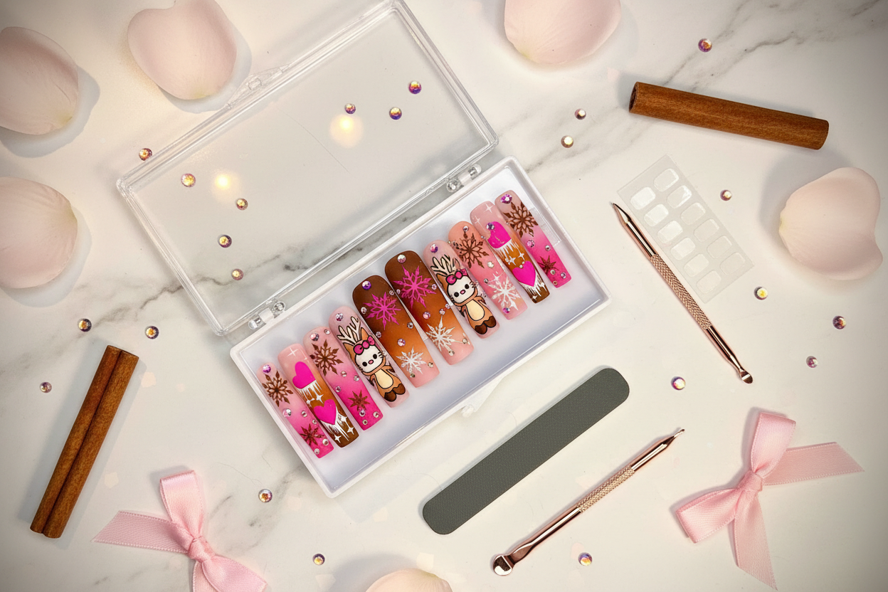 Luxury unboxing acrylic box kawaii Christmas reindeer pink brown snowflake aurora press-on nails with accessories — LuxepressCo