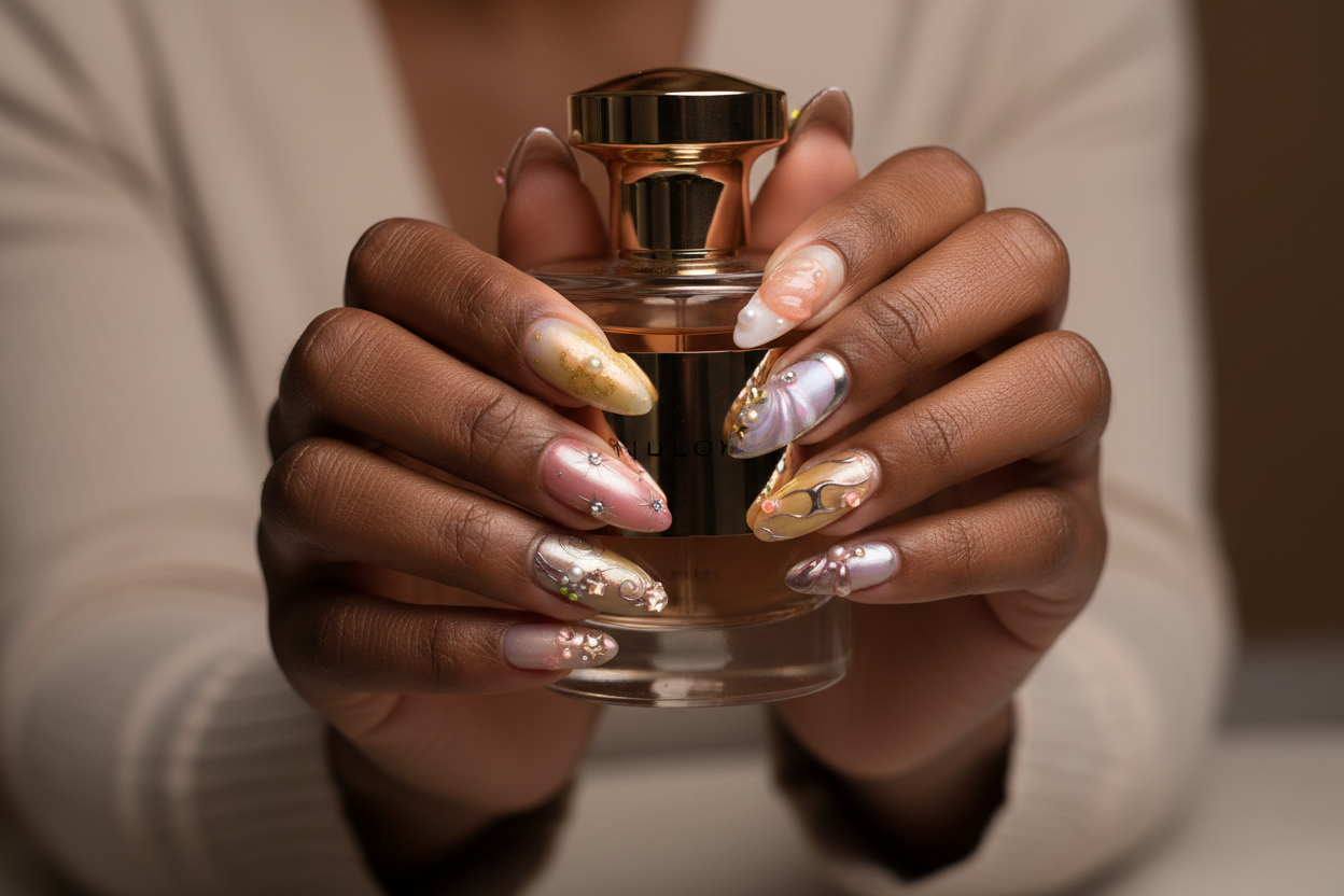 Dark-skin hands wearing iridescent holographic reusable press-on nails holding perfume bottle — LuxepressCo