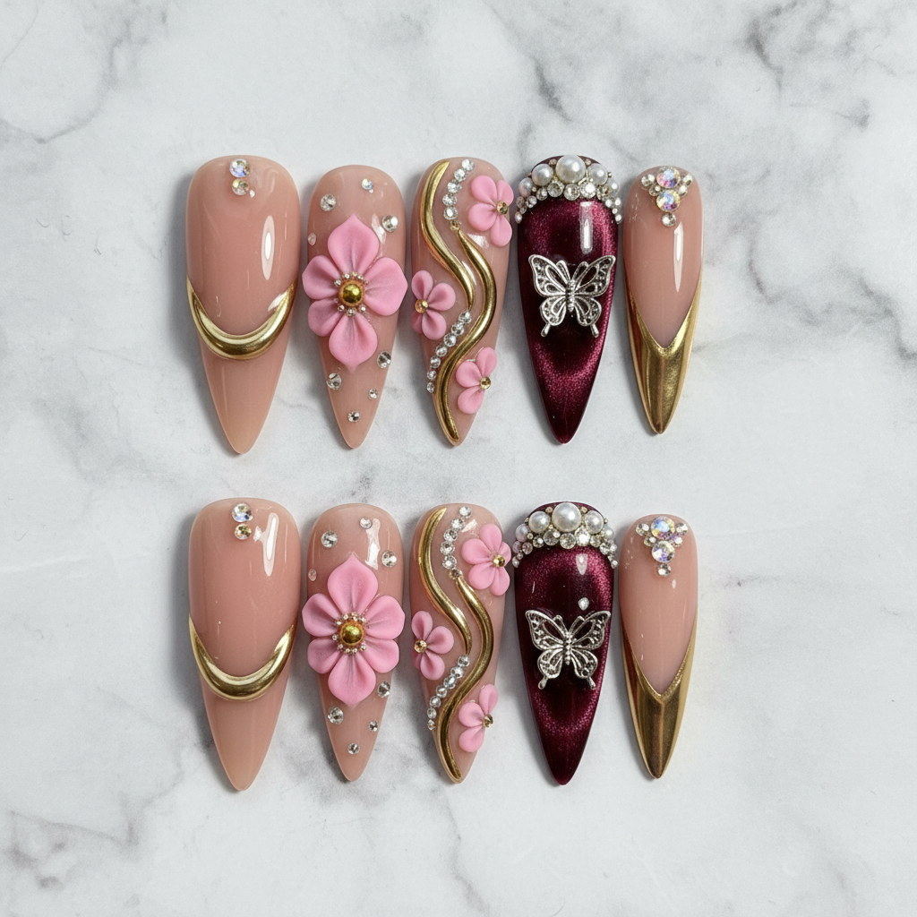 Burgundy butterfly gold swirl 10 custom press-on nails flat lay top-down studio marble — LuxepressCo