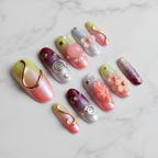 Aurora holographic full set 10 custom press-on nails white marble studio hero shot — LuxepressCo