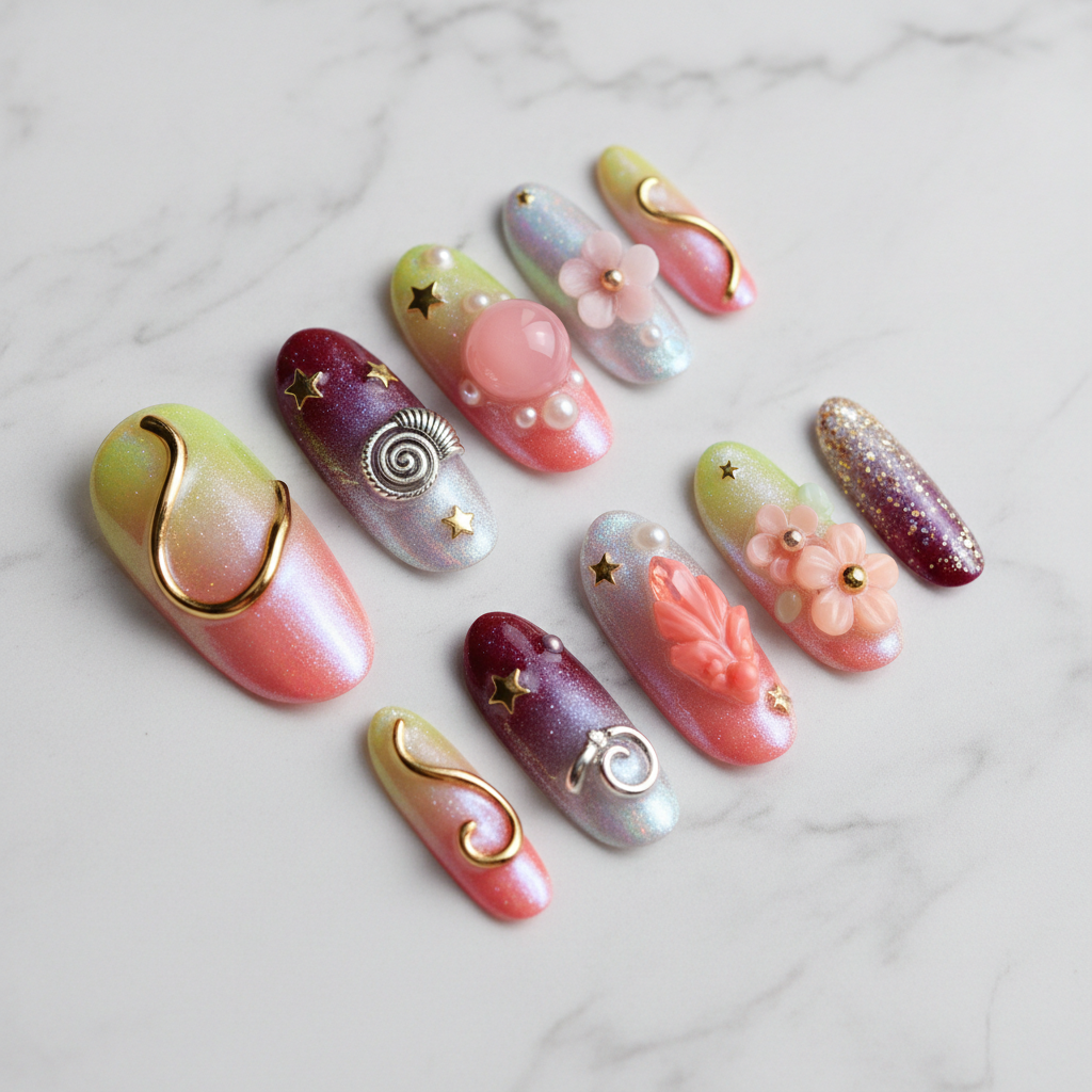 Aurora holographic full set 10 custom press-on nails white marble studio hero shot — LuxepressCo
