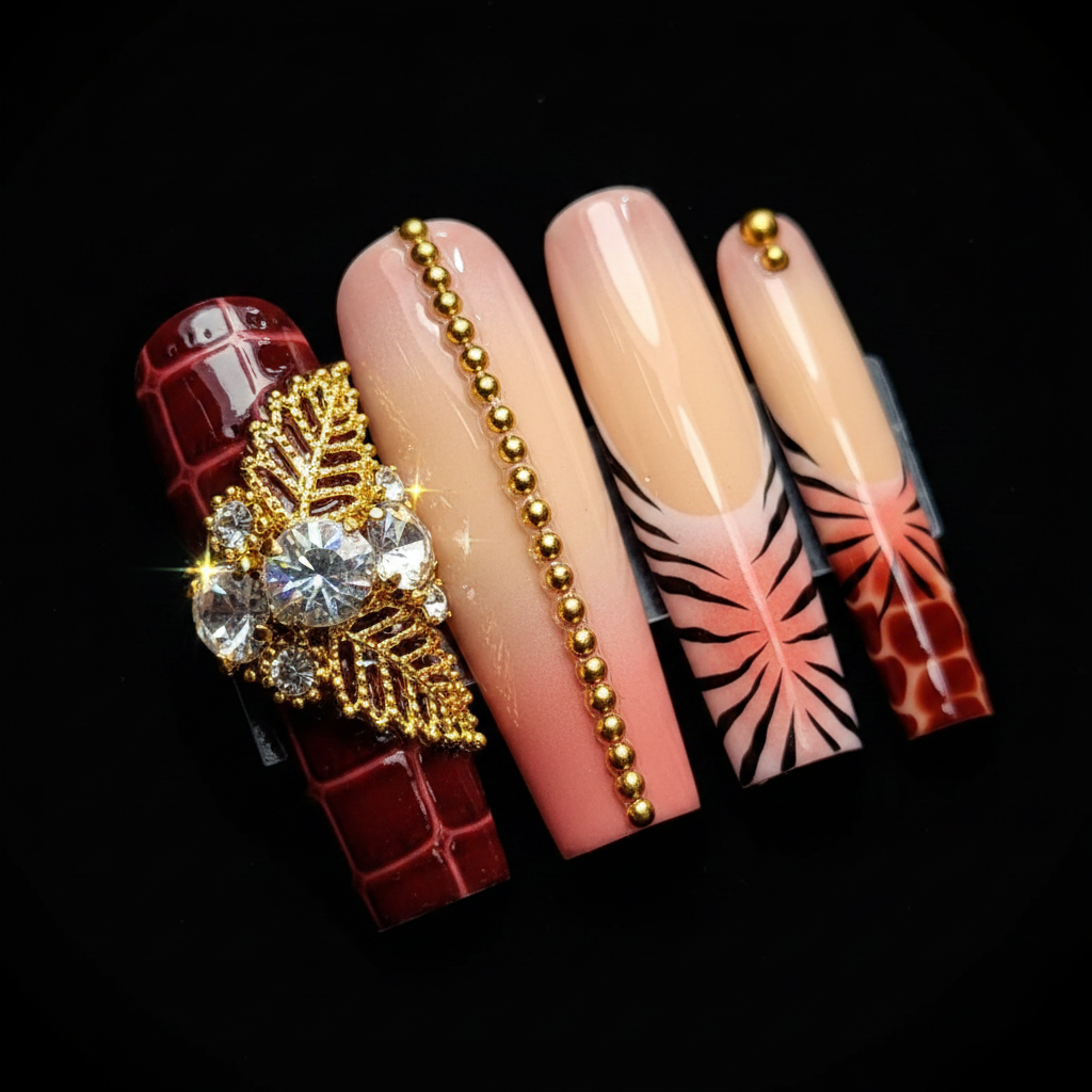 Macro close-up crystal rhinestone cluster gold filigree charm zebra stripe croc texture custom press-on nails — LuxepressCo