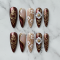 Flat lay top-down full set 10 baroque burgundy gold 3D floral custom press-on nails — LuxepressCo