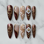 Flat lay top-down full set 10 baroque burgundy gold 3D floral custom press-on nails — LuxepressCo