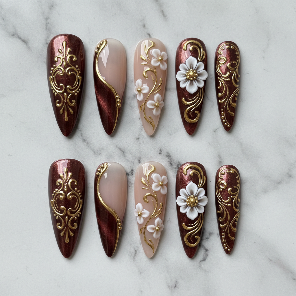 Flat lay top-down full set 10 baroque burgundy gold 3D floral custom press-on nails — LuxepressCo