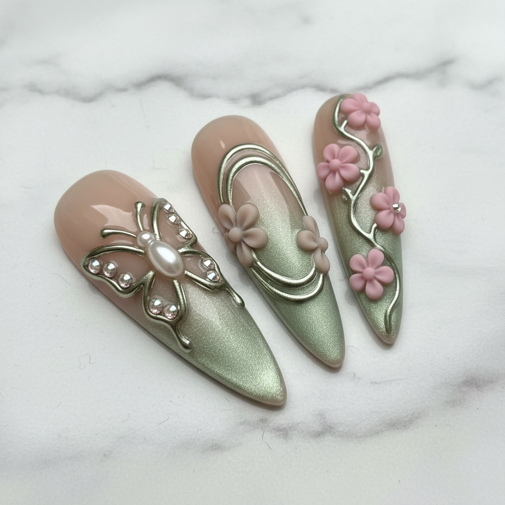 Close-up macro sage green chrome floral filigree gold swirl reusable salon-quality press-on nails marble background — LuxepressCo
