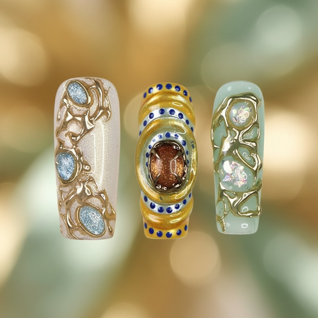 Macro close-up baroque 3D gold vine metalwork aventurine stone sage green foil salon-quality press-on nails — LuxepressCo