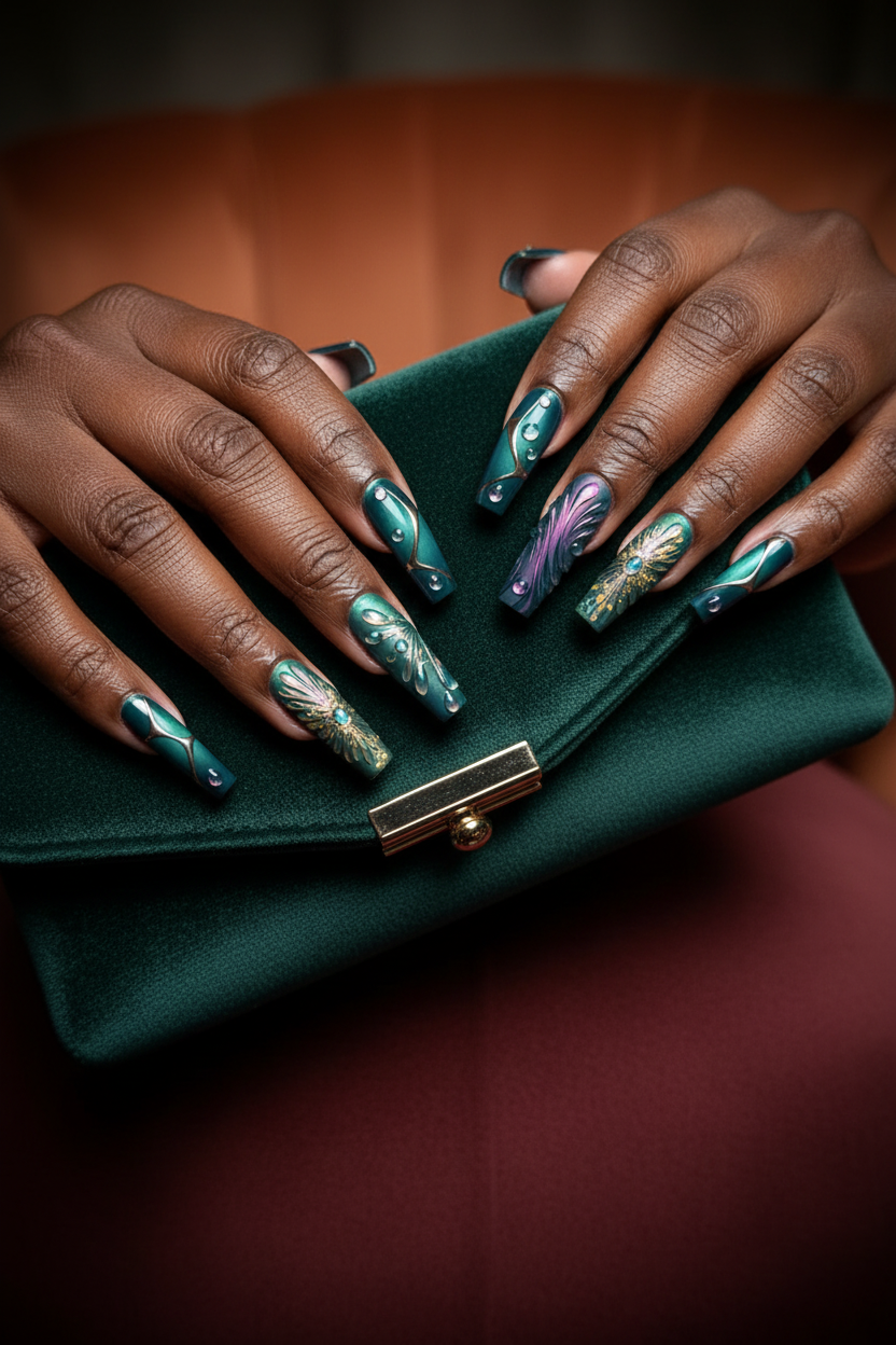 Dark-skin lifestyle teal chrome aurora iridescent 3D feather custom press-on nails holding green velvet clutch — LuxepressCo