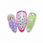 Macro close-up hot pink dragon fruit white flesh black seeds 3D purple grape cluster vivid green lime slice nail art — LuxepressCo